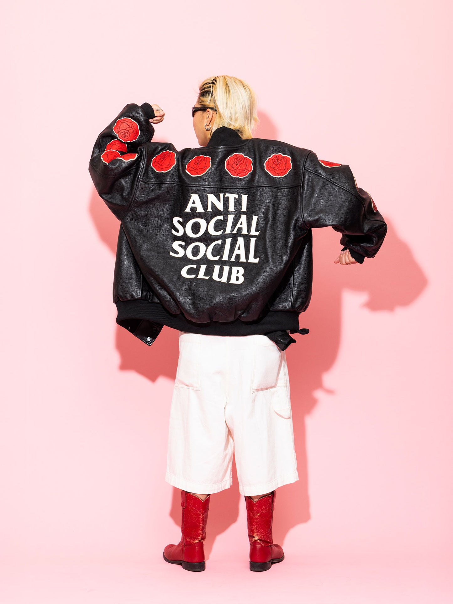 PETAL TO THE METAL LEATHER VARSITY JACKET - BLACK