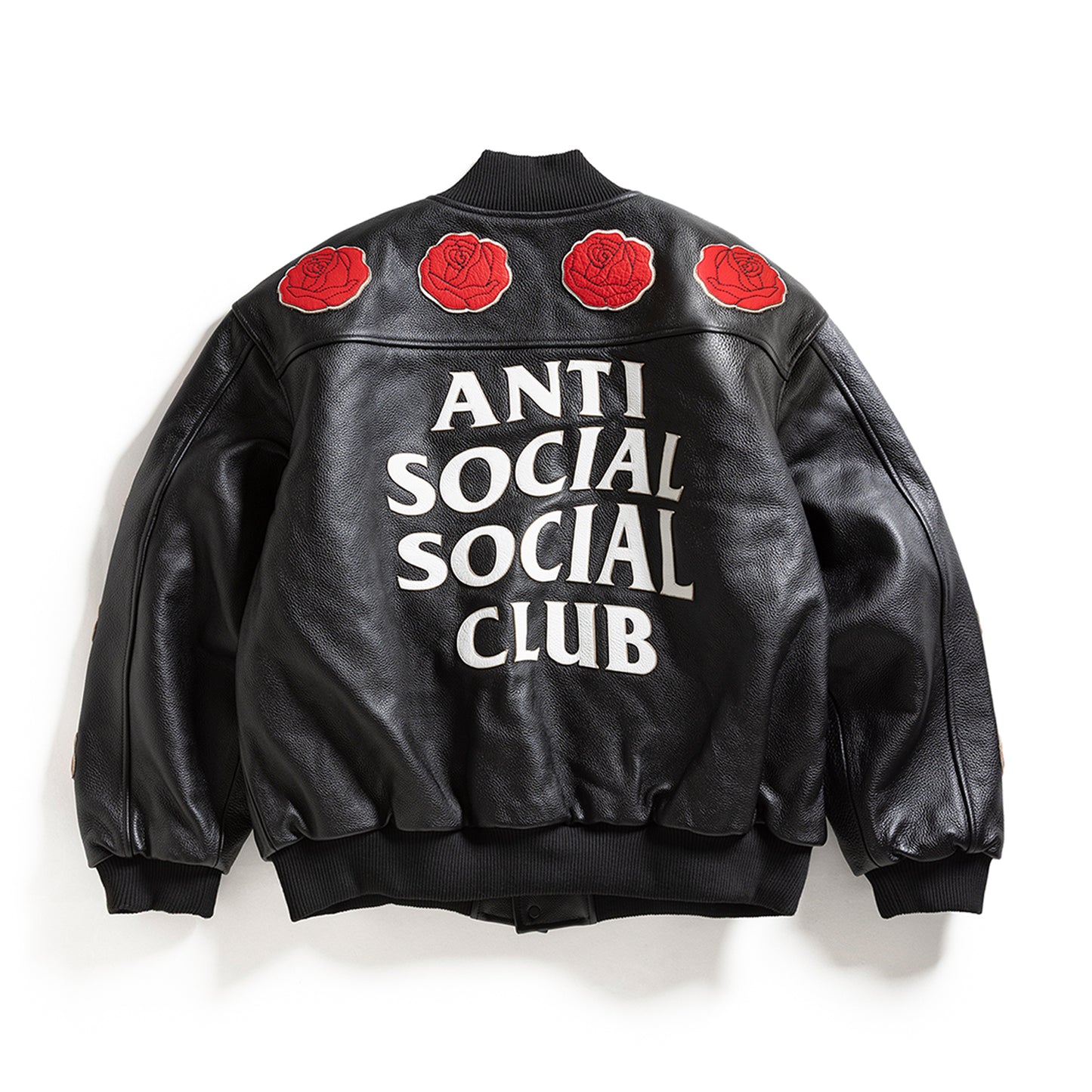 PETAL TO THE METAL LEATHER VARSITY JACKET - BLACK