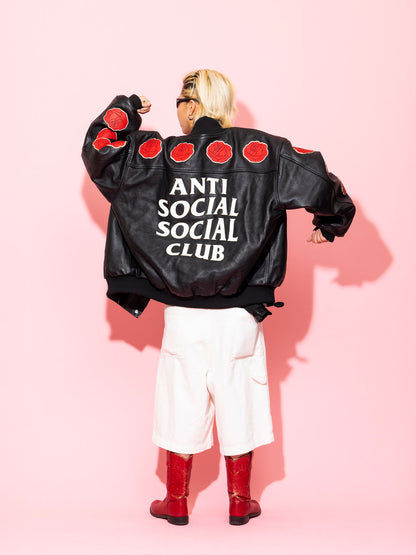 PETAL TO THE METAL LEATHER VARSITY JACKET - BLACK