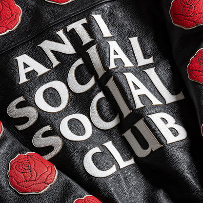 PETAL TO THE METAL LEATHER VARSITY JACKET - BLACK
