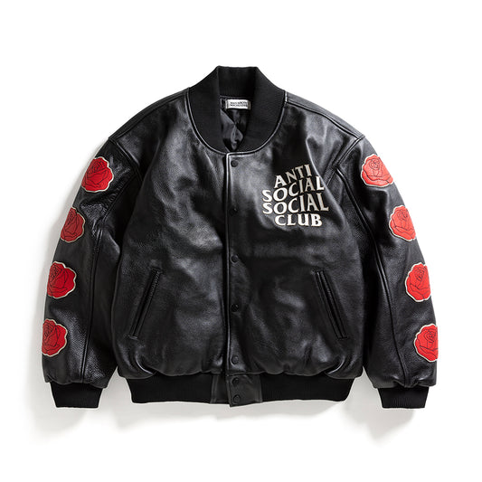 PETAL TO THE METAL LEATHER VARSITY JACKET - BLACK